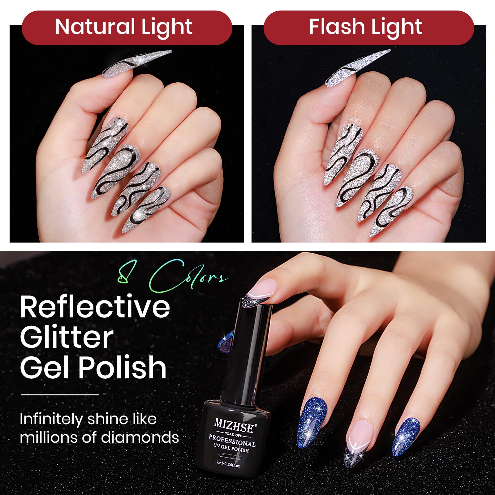 MIZHSE holographic disco-glow polish creates shifting shine in different angles.
