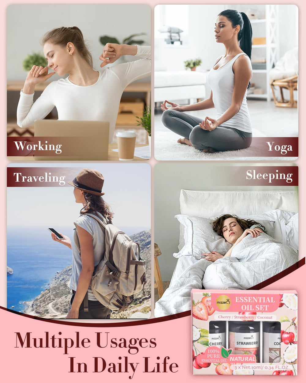 MIZZEO diffuser in use with fruity oils for relaxing ambiance.