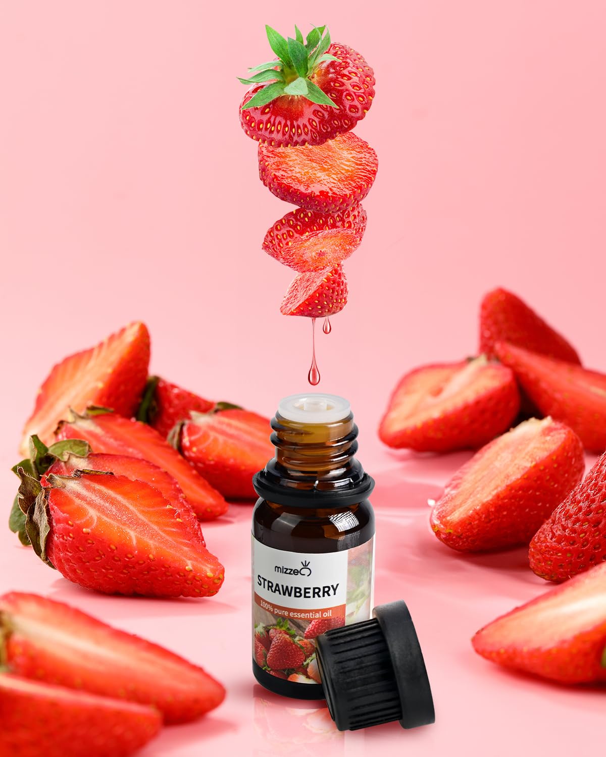 MIZZEO Strawberry essential oil bottle enhances home fragrance and relaxation with bright notes.
