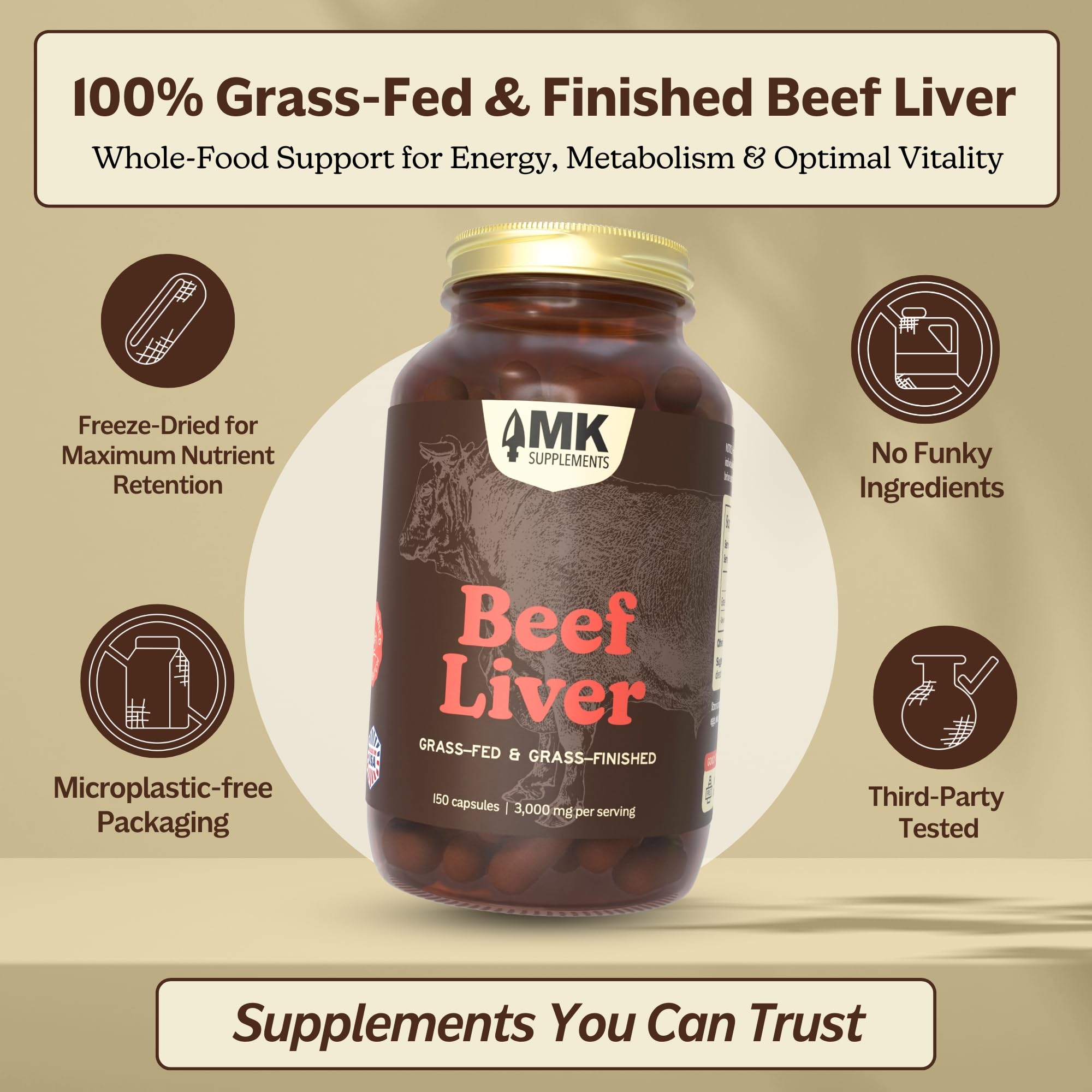 MK Supplements freeze-dried beef liver capsules highlighting nutrient-dense formulation.