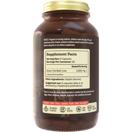 Glass bottle containing 150 beef liver capsules