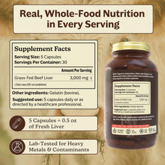 MK Supplements label featuring grass-fed beef liver and purity emphasis.