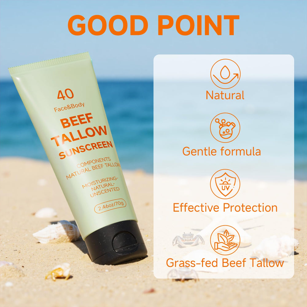 Mkzea Tallow Sunscreen on sunny beach scene for outdoor protection