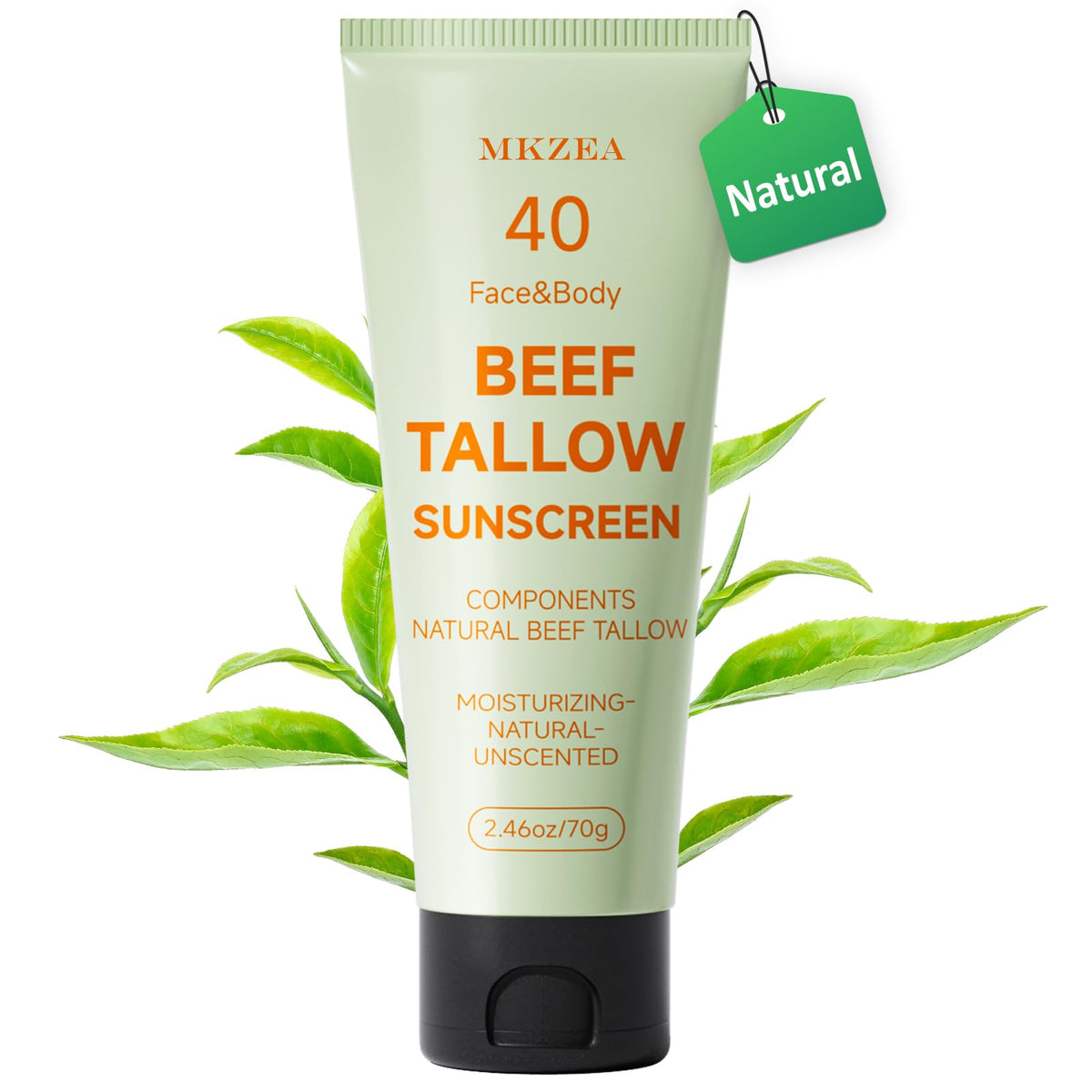 Mkzea Tallow Sunscreen on face bottle showing reef-safe daily hydration