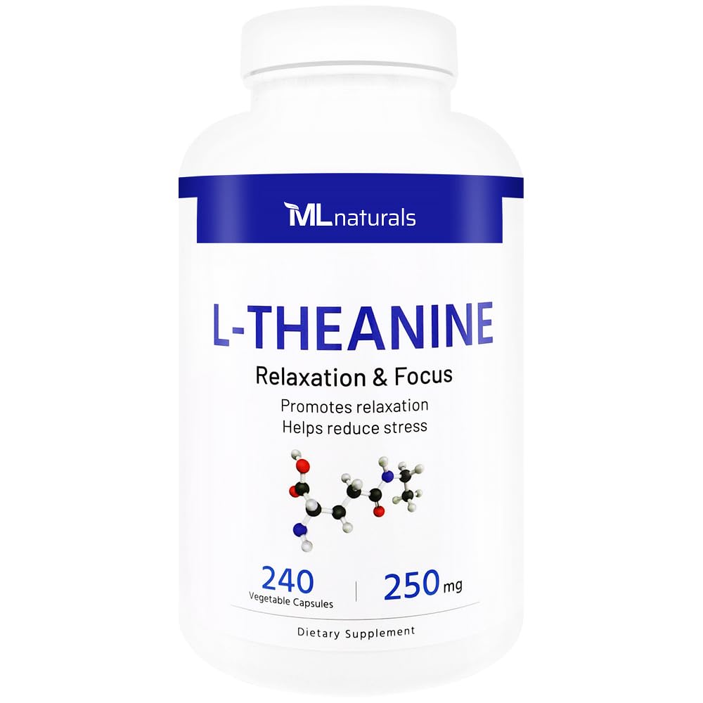 ML Naturals L-Theanine 250 mg bottle with 240 vegan capsules