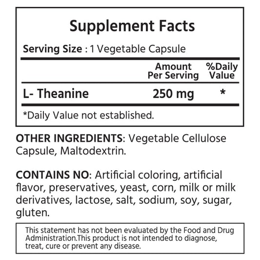 Close-up of the L-Theanine label showing 250 mg dosage
