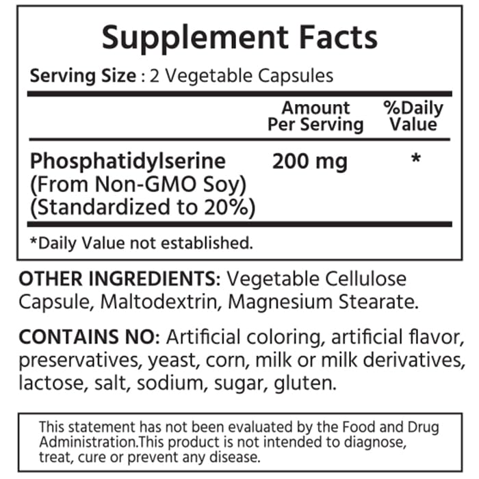 ML Naturals Phosphatidyl Serine 200 mg bottle, back view showing label
