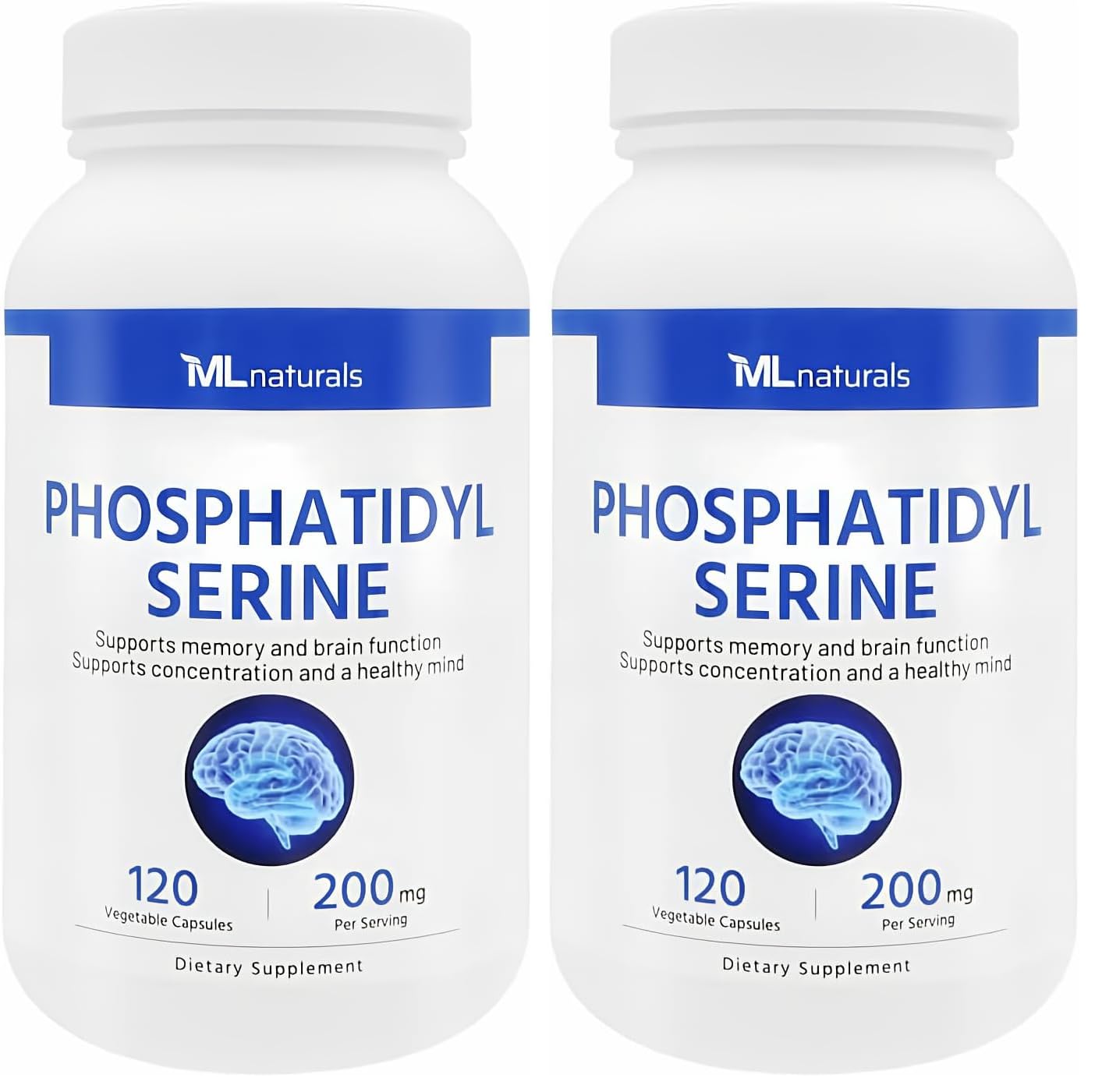 ML Naturals Phosphatidyl Serine 200 mg standard bottle with 120 vegetable capsules, front view