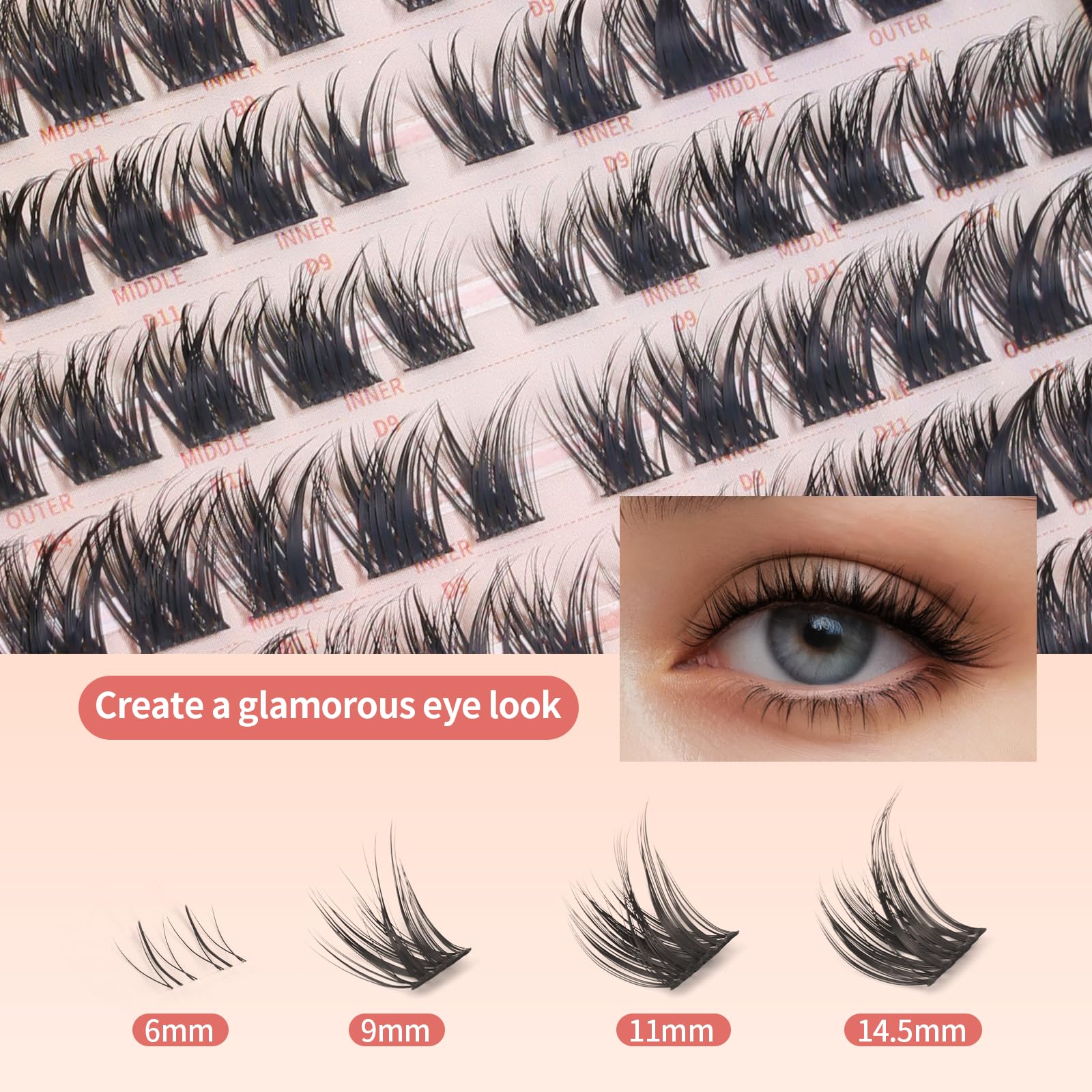 MLEN DIARY Lash Cluster 10-14.5mm range enables customizable cat-eye styles.