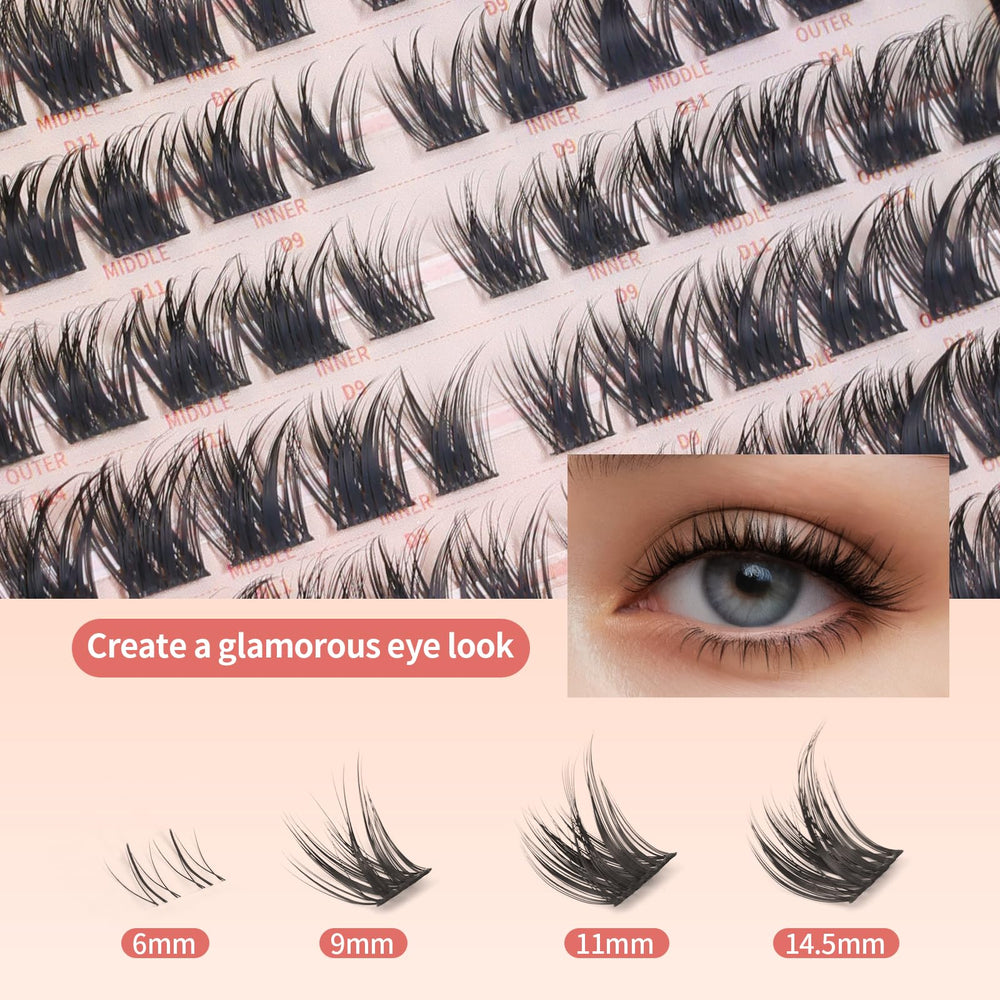 MLEN DIARY Lash Cluster 10-14.5mm range enables customizable cat-eye styles.