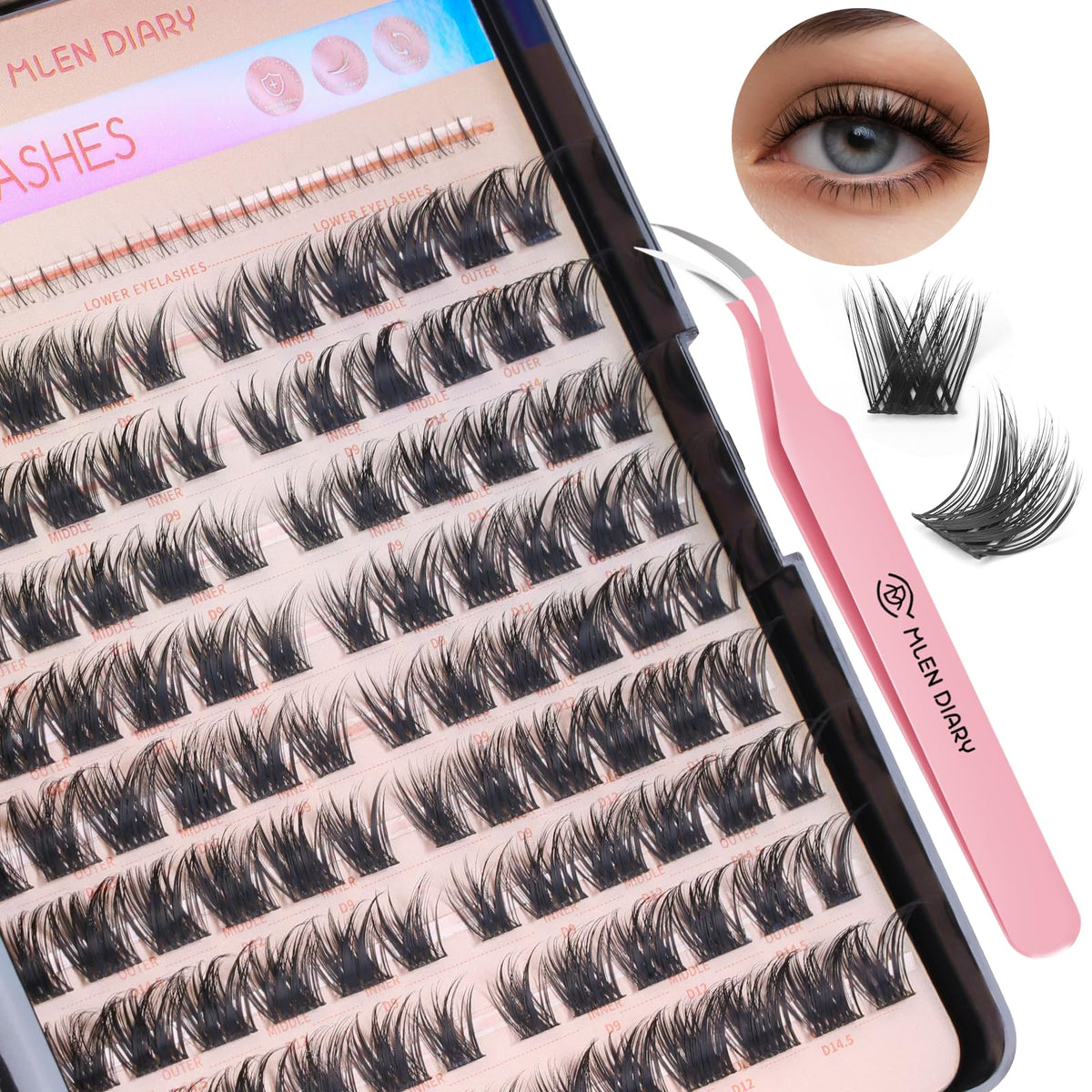 MLEN DIARY Lash Cluster 132pcs tray for easy at-home lash DIY looks.