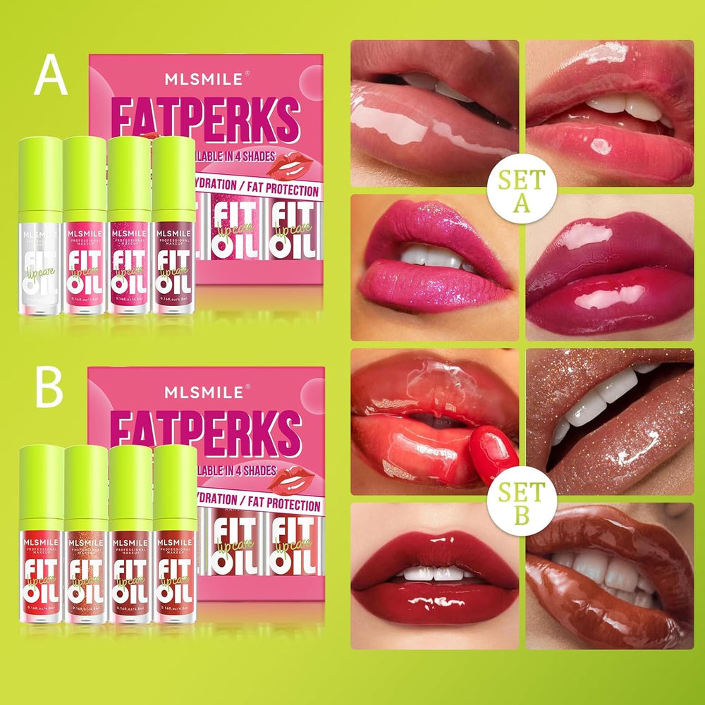 Eight MLSMILE lip oil shades offering tailored color options.
