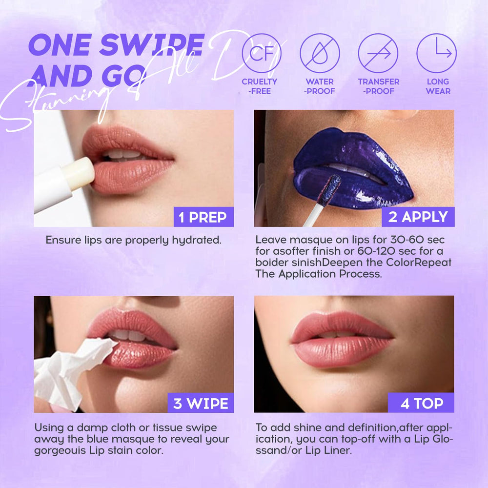 MLSMILE Lip Stain Peel Off application tips image shows easy one-step use
