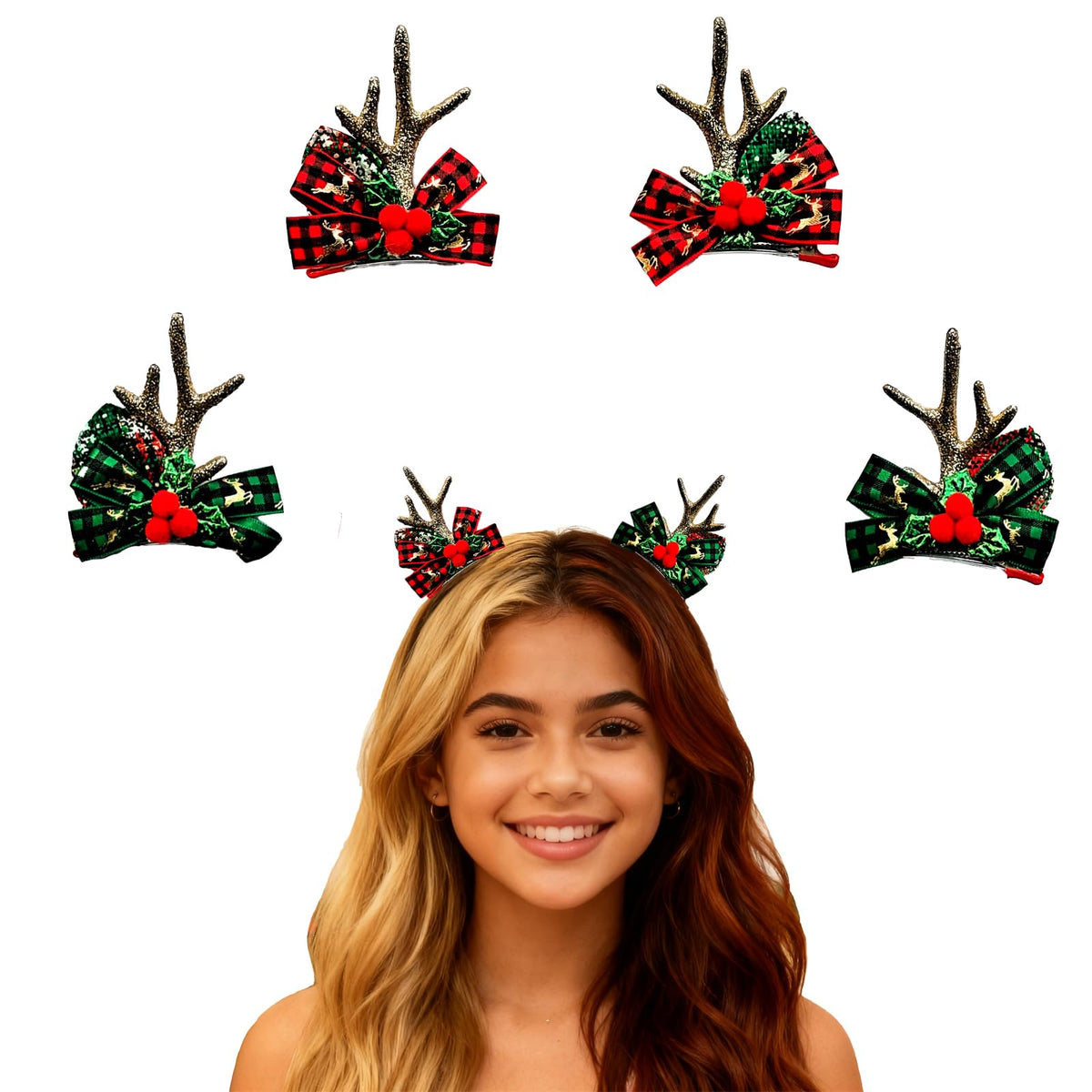 MMBALLON gold reindeer hair clip with antlers for a festive party look.