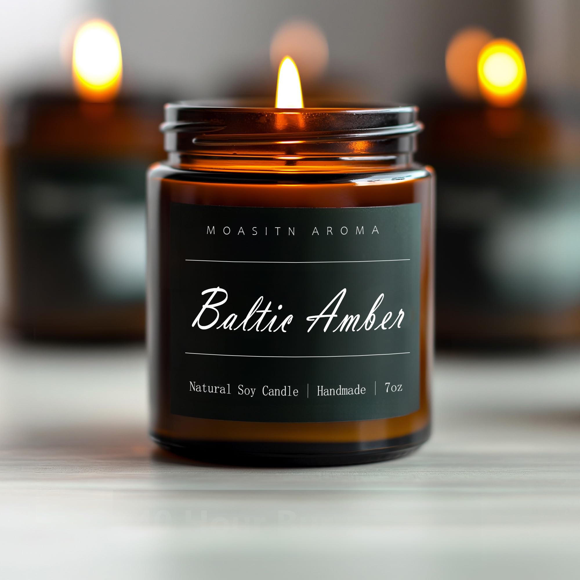 Lit MOASITN Baltic Amber scented candle for relaxing atmosphere