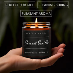 Close-up of MOASITN 7oz candle with coconut vanilla aroma