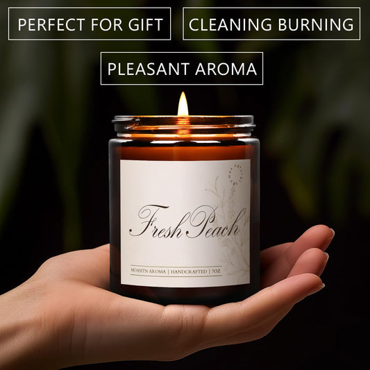 Close-up of MOASITN candle label on brown glass jar