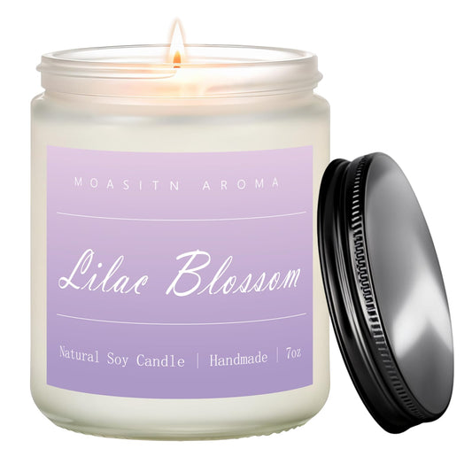 Front view of MOASITN Lilac Blossom Spring Soy Candle in a frosted 7oz jar
