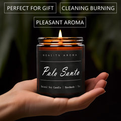 Close-up of Palo Santo candle in frosted jar