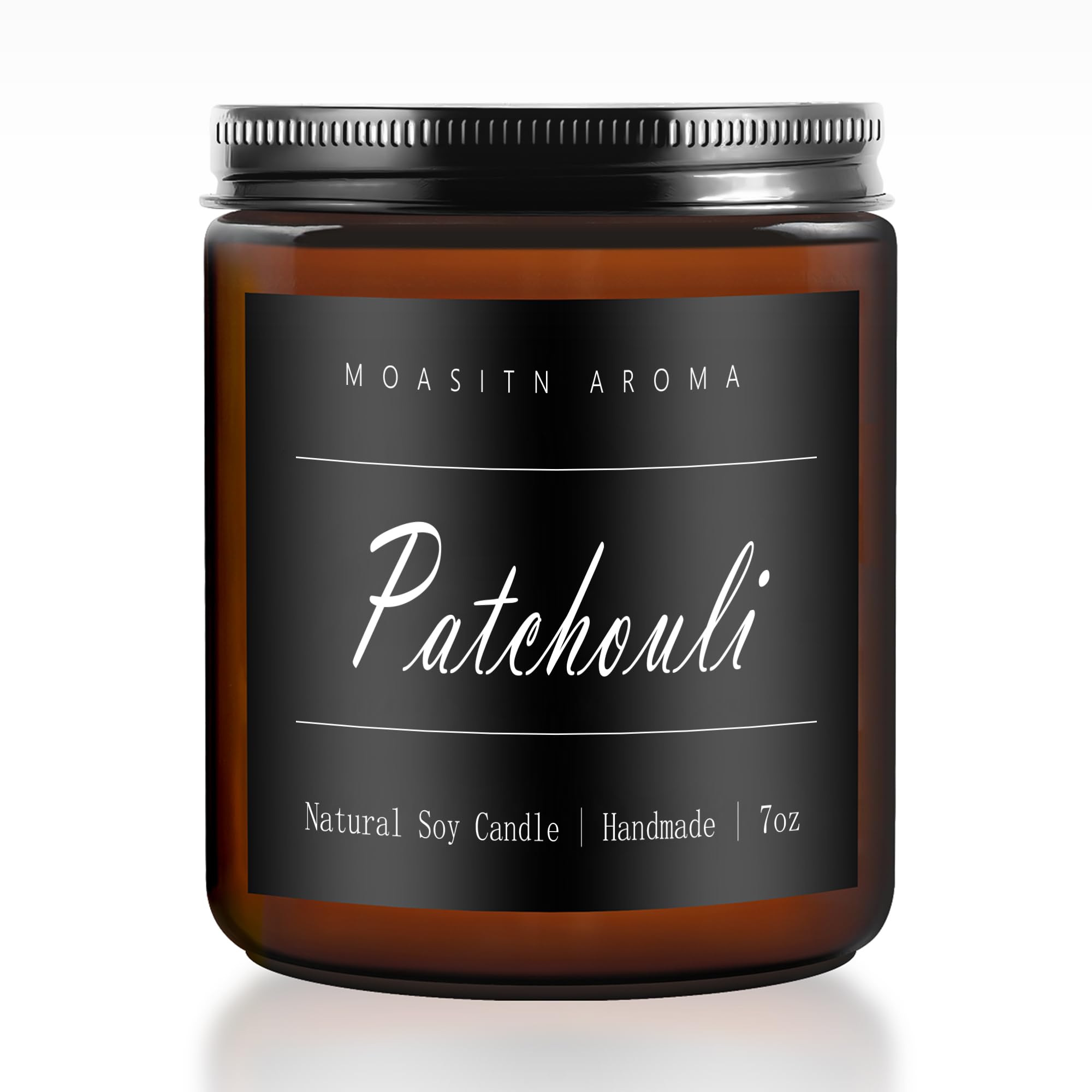MOASITN Patchouli candle in a 7oz amber glass jar with natural soy wax
