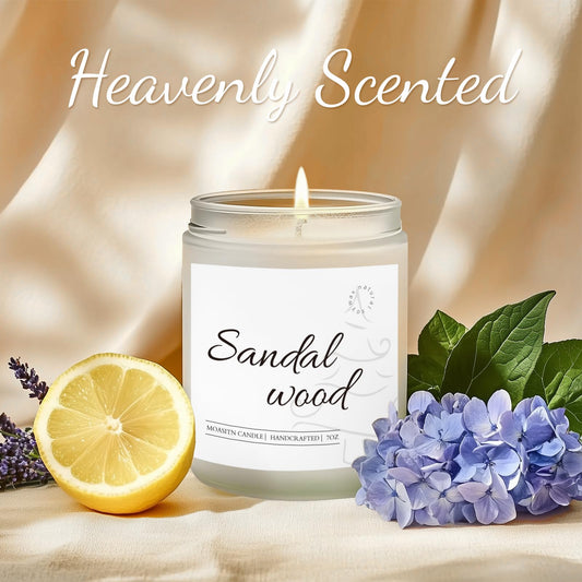 Close-up of MOASITN sandalwood candle 7oz jar with scent notes