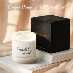 Flat-lay with sandalwood candle and cedar leaves