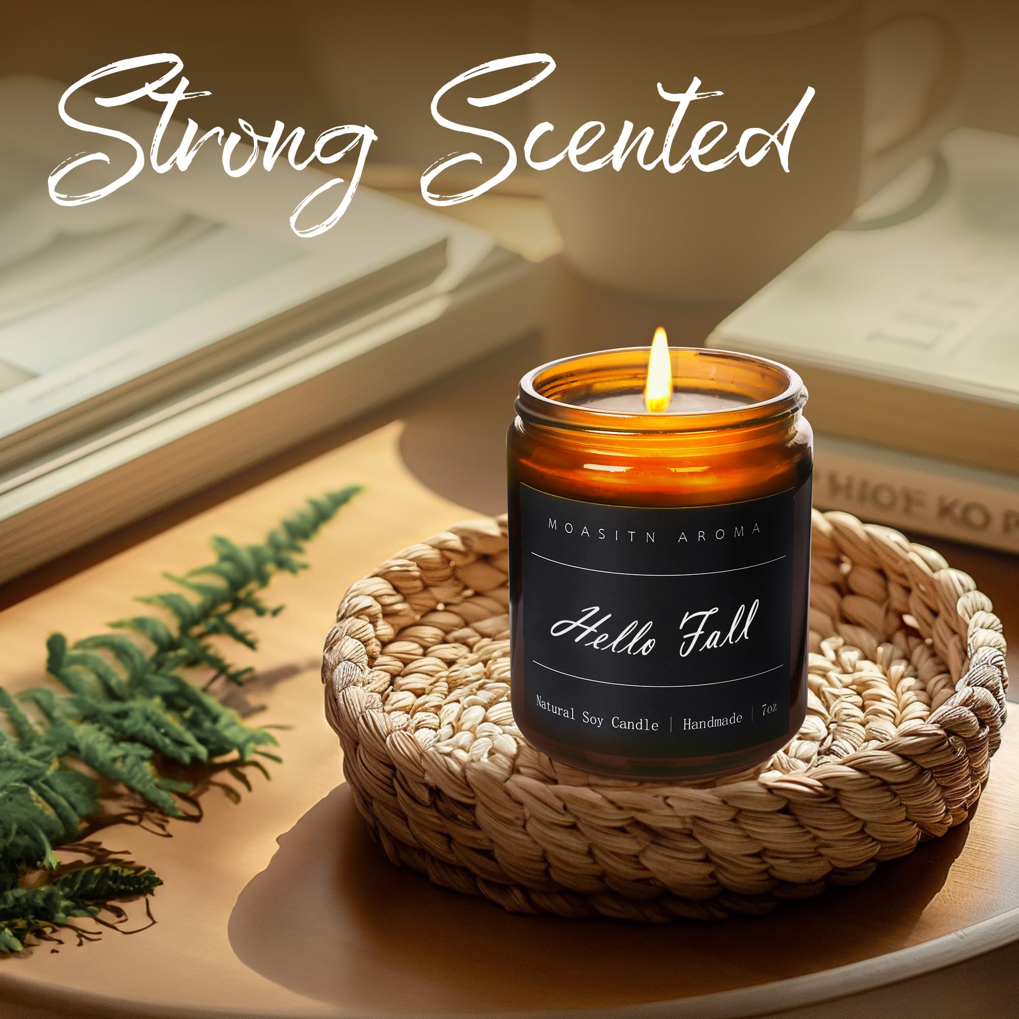 Hello Fall candle label on amber jar with gift packaging