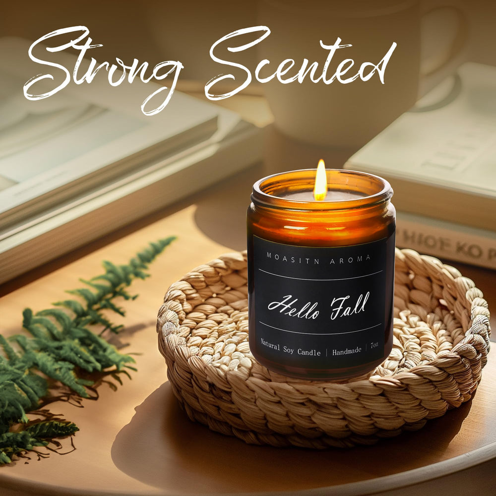 Hello Fall candle label on amber jar with gift packaging