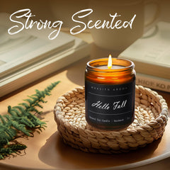 Hello Fall candle label on amber jar with gift packaging