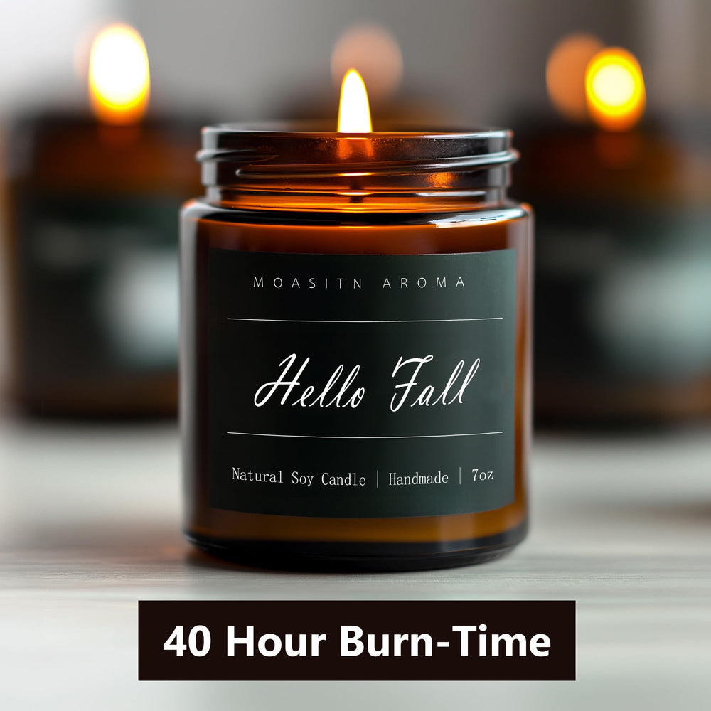 Hello Fall candle image showing 7oz amber jar