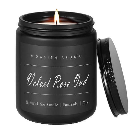 MOASITN Velvet Rose Oud candle in frosted black glass jar - front view