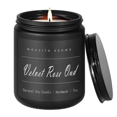 MOASITN Velvet Rose Oud candle in frosted black glass jar - front view