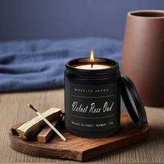 Side angle shot of velvet rose oud soy candle