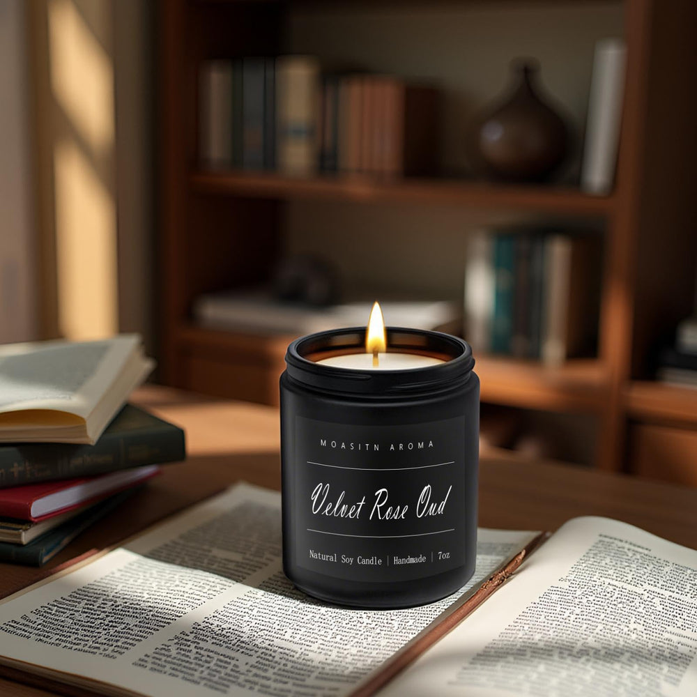 Gift-ready MOASITN Velvet Rose Oud candle in matte black jar