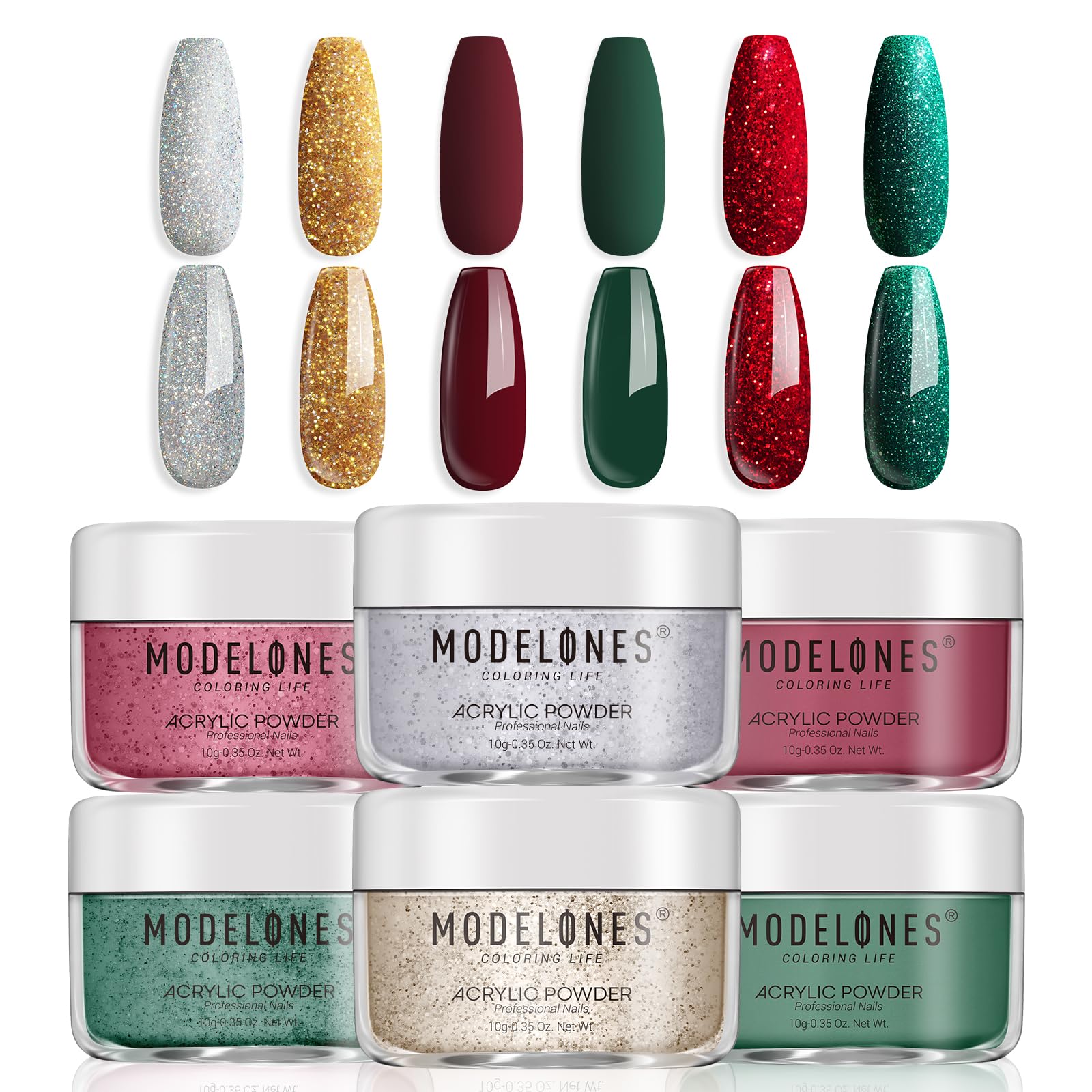 Modelones Christmas Colors acrylic powder in gold glitter for festive nail art.