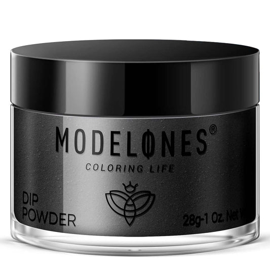 Modelones Black dip powder cap close-up for a sleek salon finish.