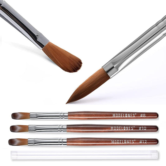 Modelones Kolinsky set with three round brushes for smooth acrylic application.