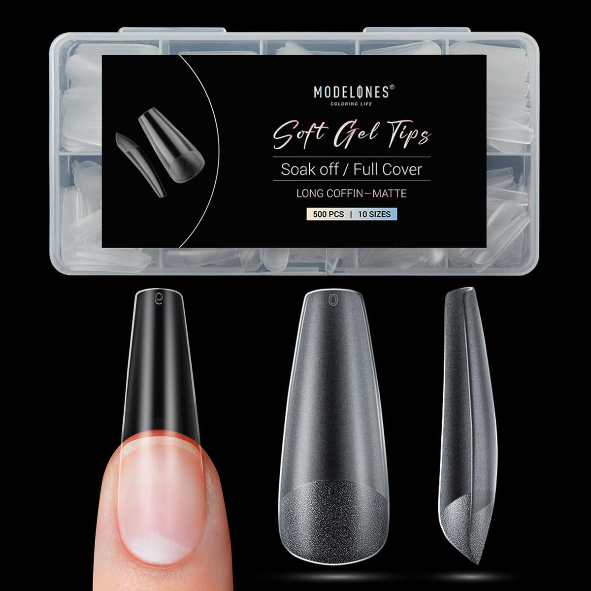 Modelones long coffin nail tips with enhanced adhesion for natural-looking extensions