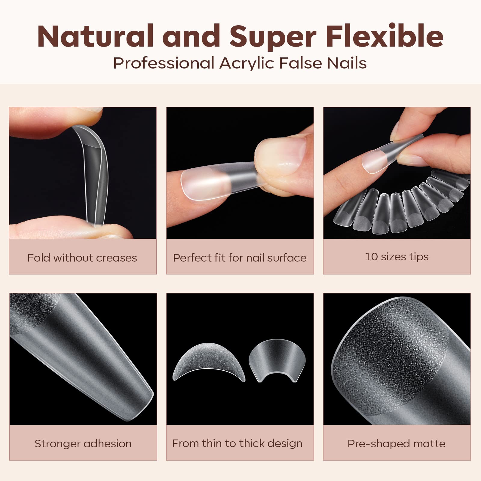 Modelones coffin tips fitting naturally to the nail bed for a seamless look