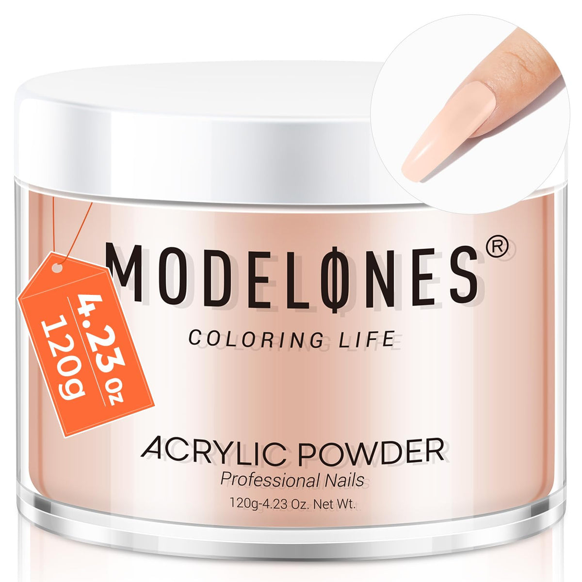 Modelones nude blush acrylic powder in a 120g jar for natural-looking nails.