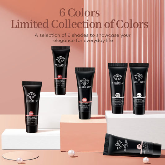 Modelones poly nail gel color swatches nude pink brown for daily looks.