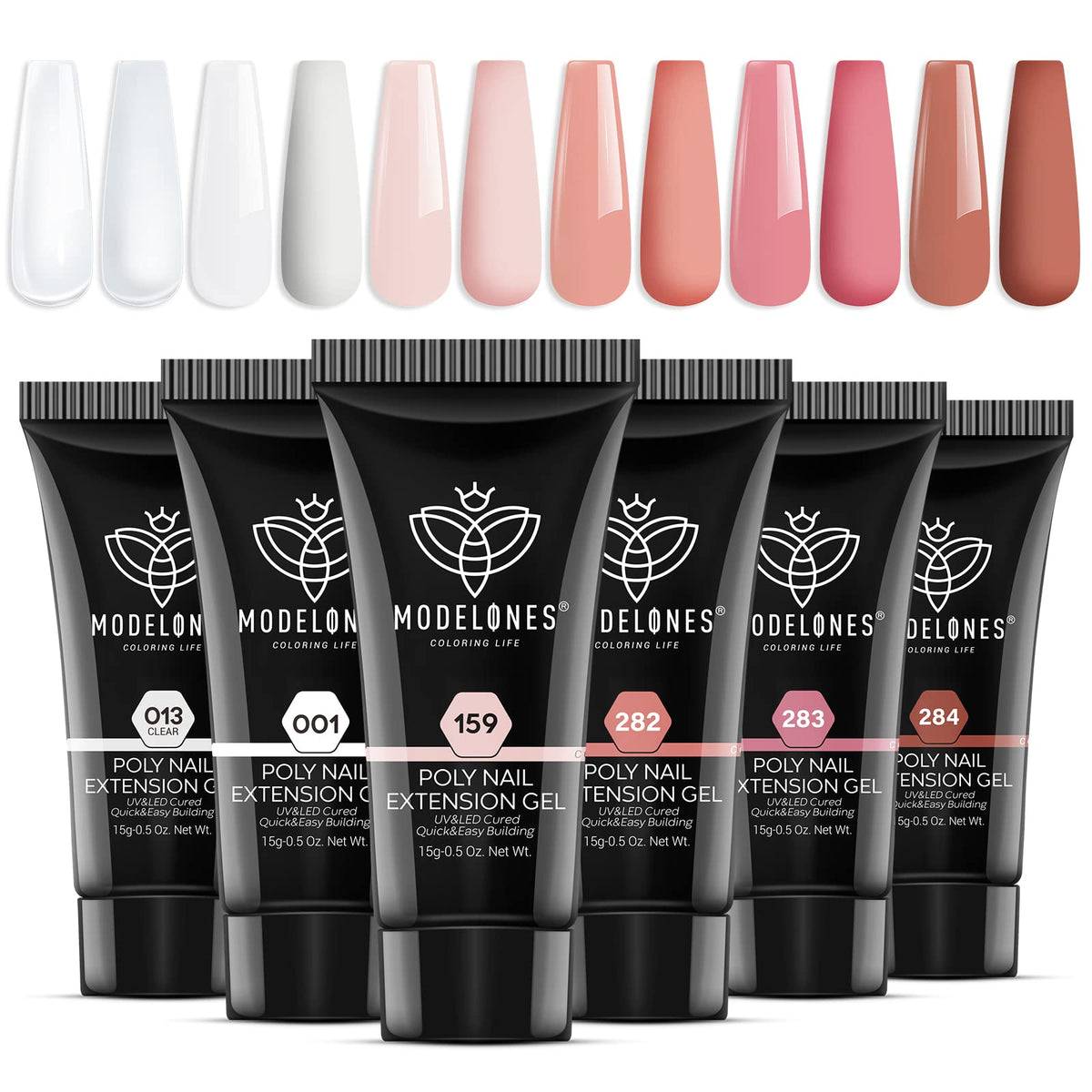 Modelones poly nail gel set with six color bottles for at-home manicure variety.