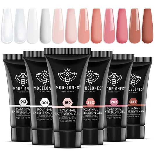 Modelones poly nail gel set with six color bottles for at-home manicure variety.