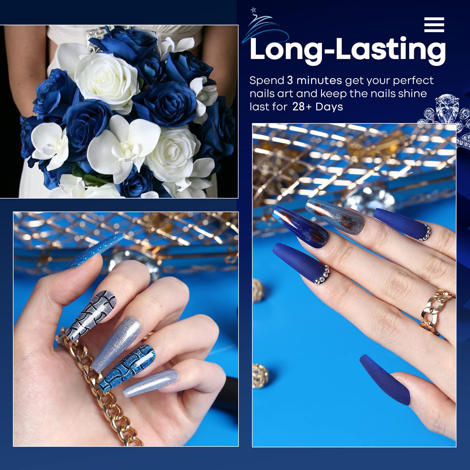 Modelones blue glitter gel polish adds festive, sparkling winter finishes.