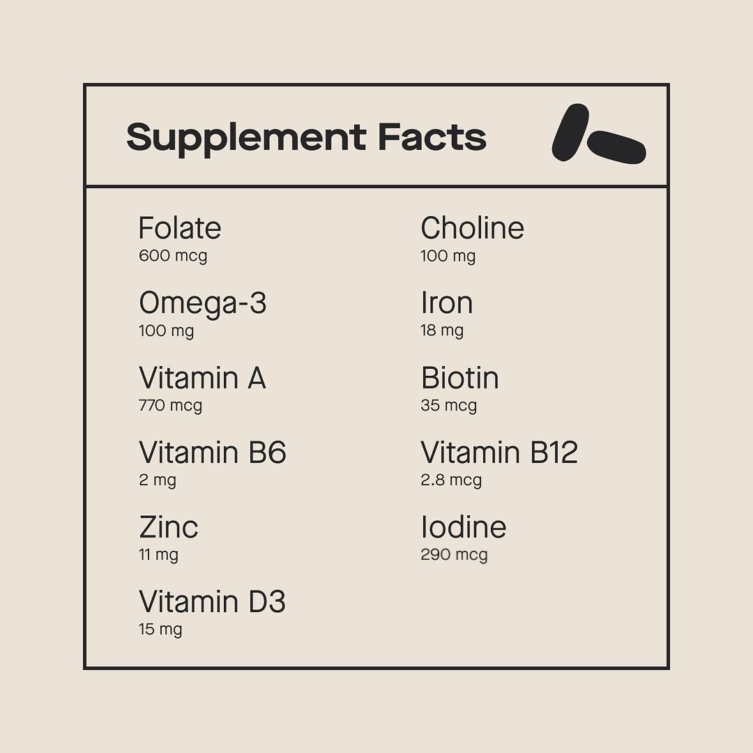 Close-up of the bottle label for Modern Fertility Prenatal Multivitamin