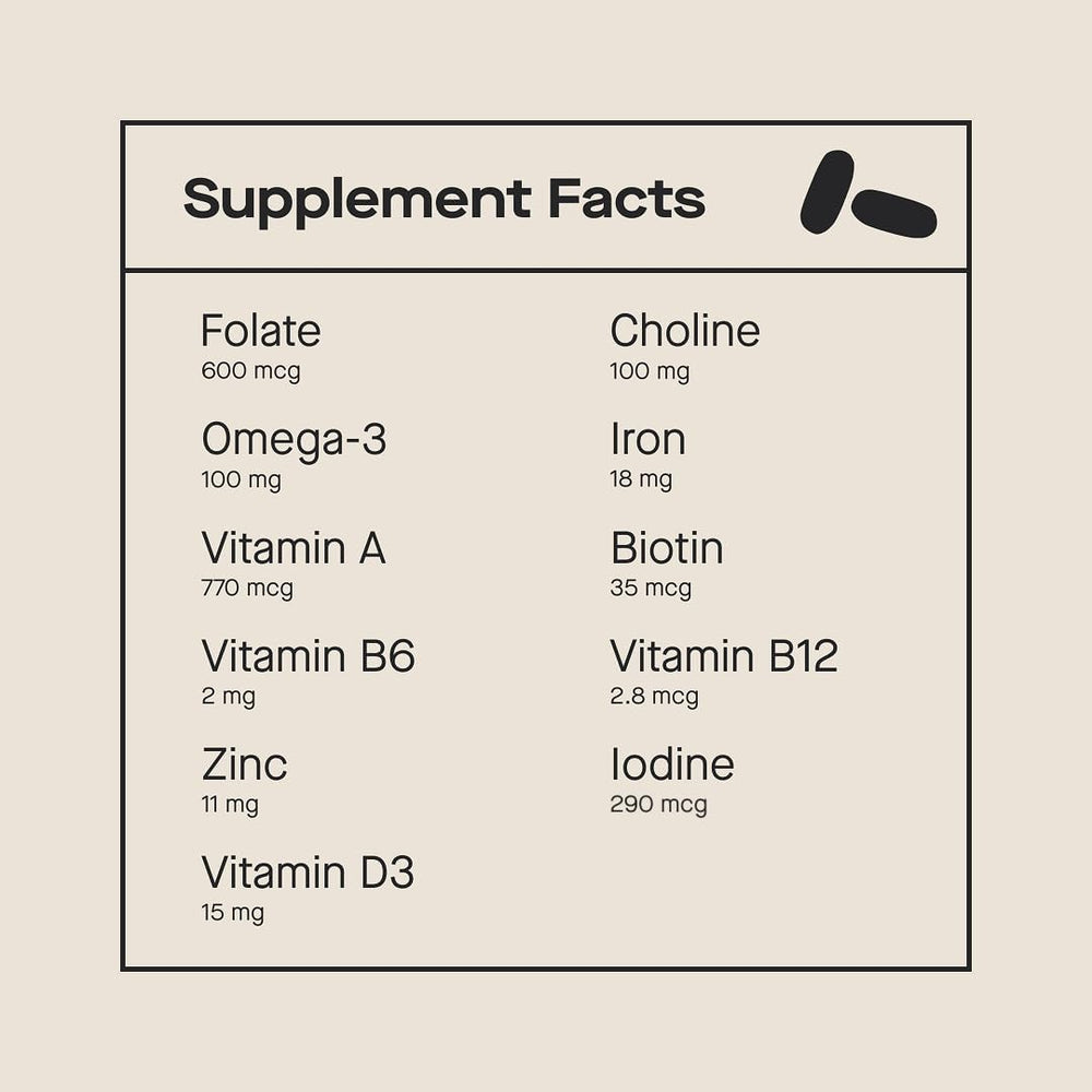Close-up of the bottle label for Modern Fertility Prenatal Multivitamin