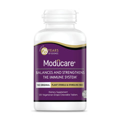 Moducare Daily Immune Support bottle shows grape-flavored chewables for daily wellness.