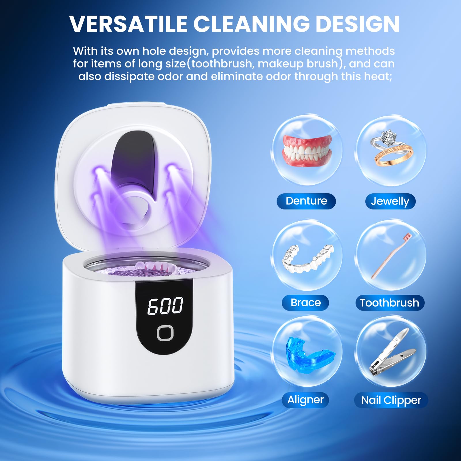 Cleaner in use cleaning aligners and dentures