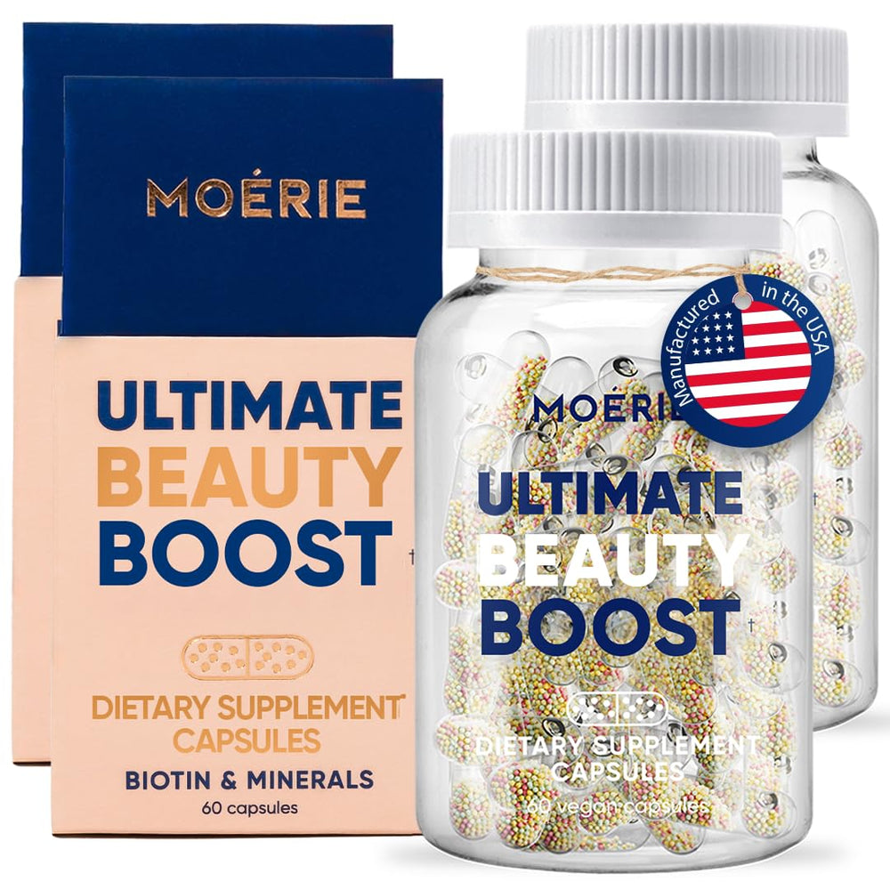 Moerie bottle front showing extended-release beads for daily hair support.