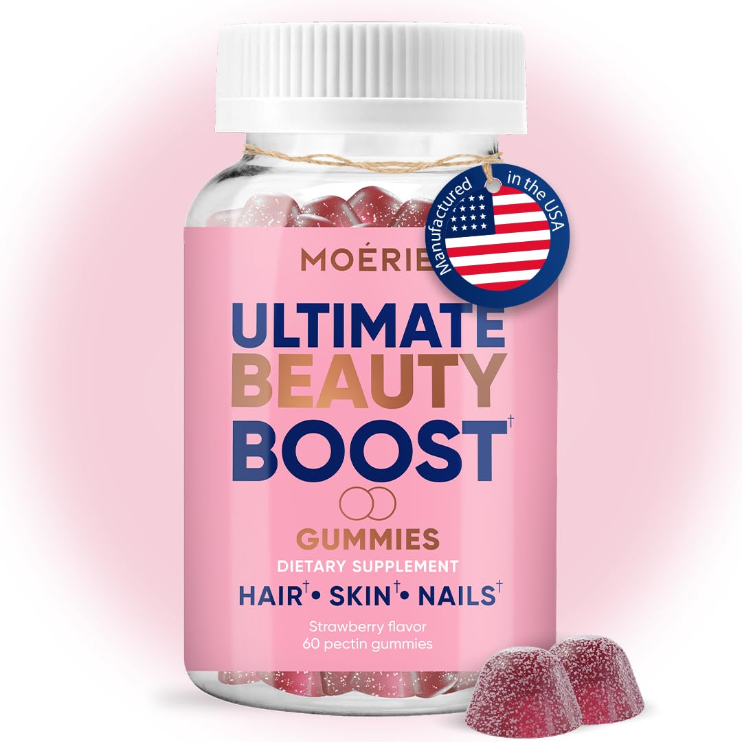 Moerie Hair Skin Nails Gummies bottle on a neutral background